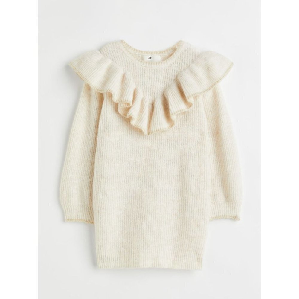 NWT H&M Flounce Trimmed Cozy Metallic Sweater Dress 2T Ivory Gold